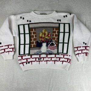 Vintage Lady Footlocker Hand Knit Cat Sweater Women’s Size Large Cozy Fireplace